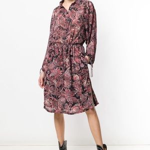 IRO black Placid print dress collared button down drawstring waist sleeve draw